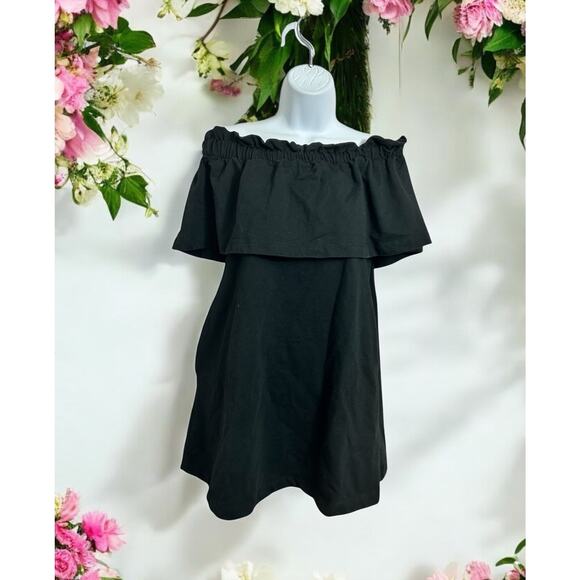 H&M Black Off the Shoulder Ruffle Mini Dress Sz XS Thick Jersey Straight Hem - Picture 2 of 8
